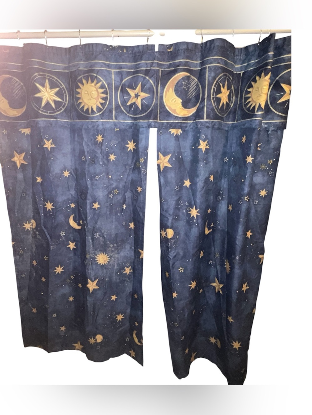 Celestial Y2K Springs Sun Moon Star Cobalt Gold Split Shower Curtain Vintage 90s